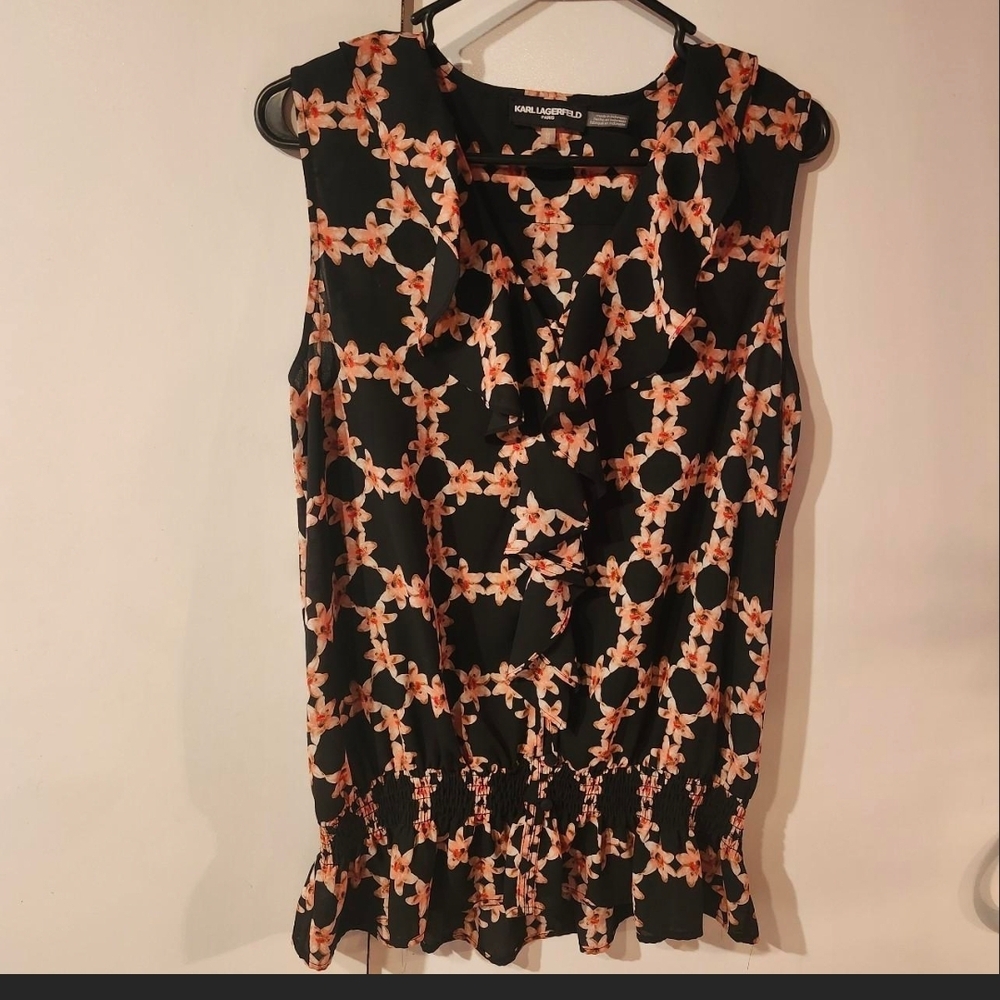 Karl Lagerfeld Black and Pink Floral Blouse